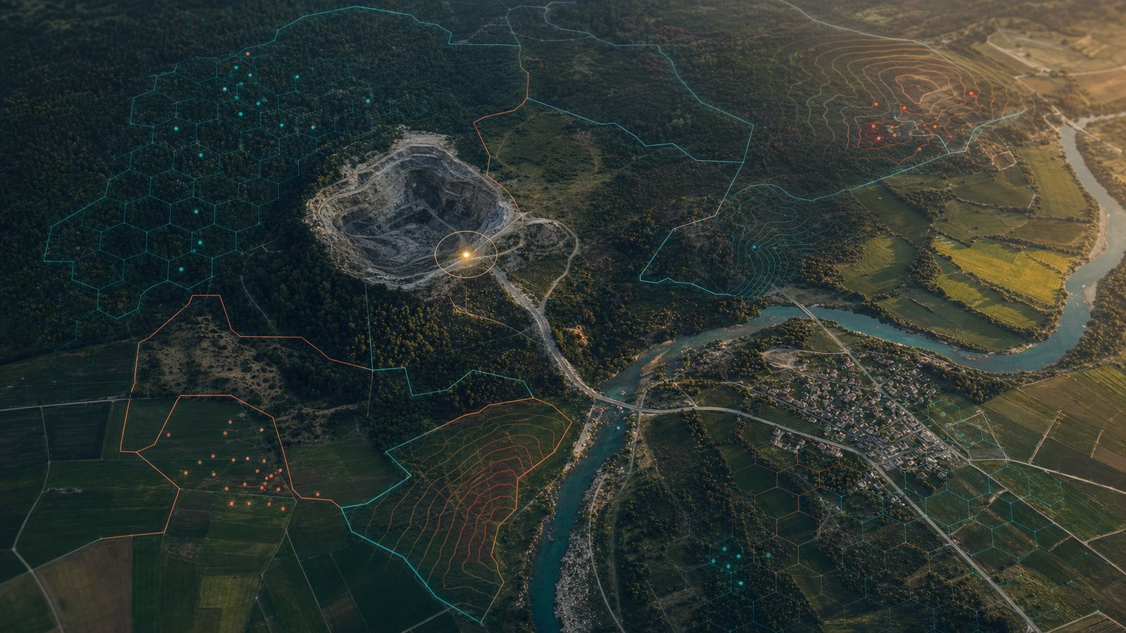 Top-down satellite view of a landscape with a geospatial risk overlay.