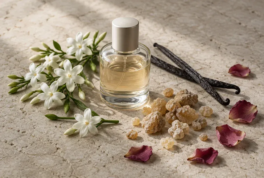Illustrative still life of an unbranded perfume bottle with jasmine flowers, vanilla pods, frankincense resin and rose petals.