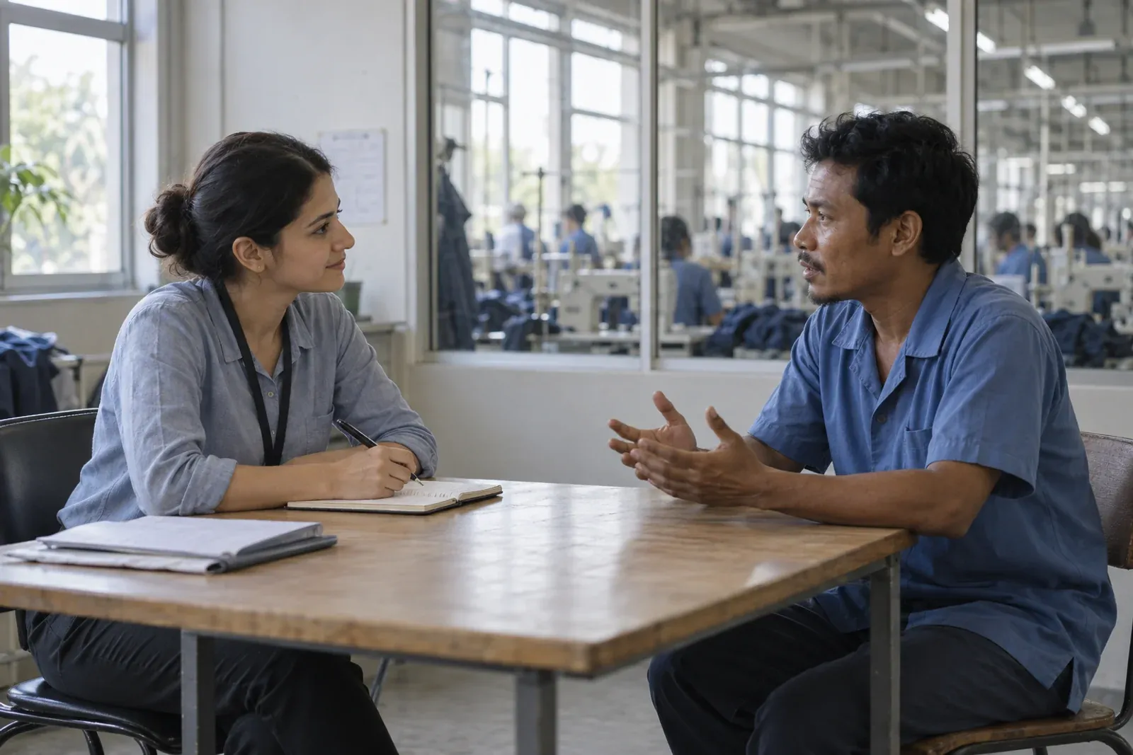 Illustrative conversation between a worker and an assessor in a workplace interview room. AI-generated, not an Aseri client engagement.
