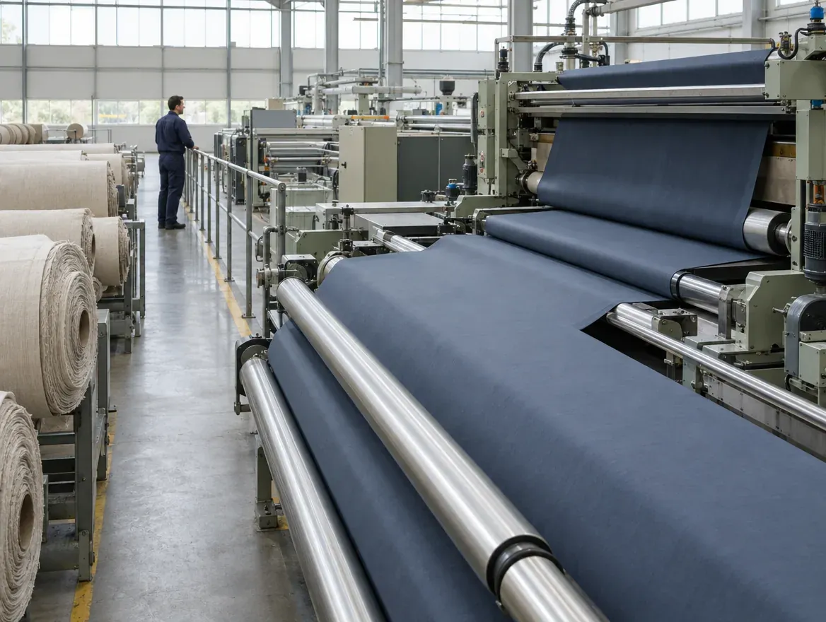 Illustrative textile finishing line carrying fabric over steel rollers, with a technician beside the machinery. Generated with Higgsfield.