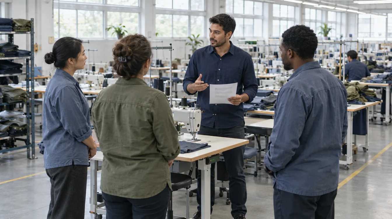 Illustrative training session on a garment production floor, with a trainer holding a sheet of notes and site staff listening. Generated with Higgsfield.