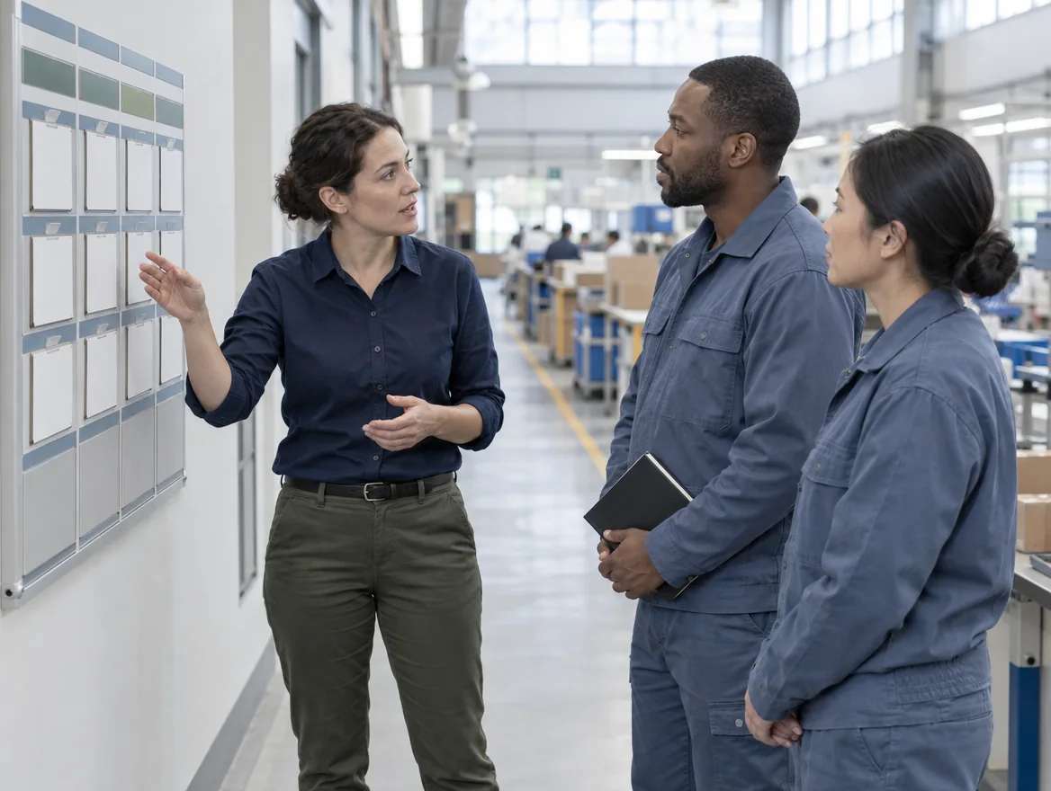 Illustrative scene of an audit trainer explaining a shift planning board to two site supervisors beside a production floor. Generated with Higgsfield.
