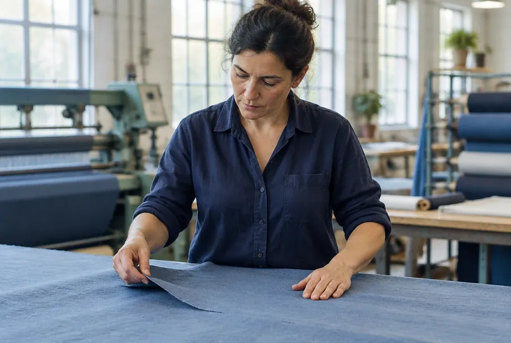 Illustrative textile specialist inspecting blue fabric, generated with Higgsfield.